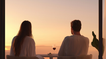 Obraz premium Couple Enjoying Easter Evening with Wine and Sunset View