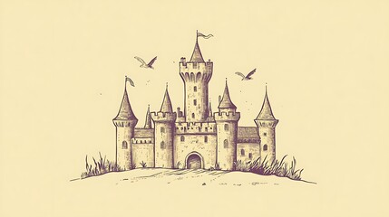 Obraz premium Hand-drawn castle illustration, tranquil background, artistic design, printable, wall art