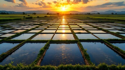 Large pond with various water plants and aquaculture farm featuring multiple fish tanks under a clear blue sky