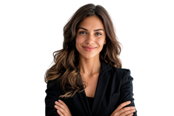 Portrait of a beautiful businesswoman in suit with arms crossed, smiling nicely, isolated on transparent background