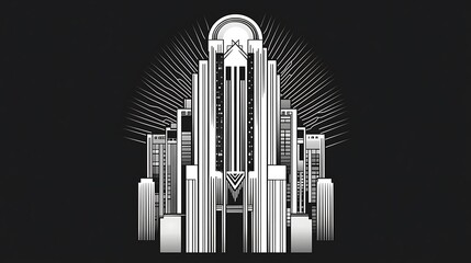 Obraz premium Art Deco Cityscape; Architectural Illustration; Monochrome; Graphic Design; Background Image