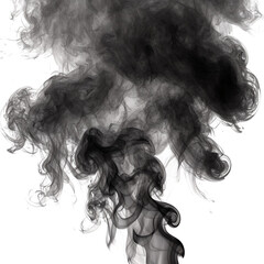 Fototapeta premium Dark swirling smoky wisps with ethereal tendrils rising upwards against a stark white background, concept for mysterious abstract design, dramatic visual effects and atmospheric backgrounds