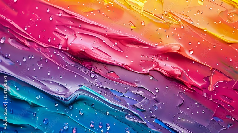 Poster vibrant diagonal stripes in rainbow colors with water drops creating abstract texture and reflective