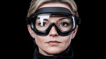 Woman wearing diving mask, studio shot, black background, underwater sports