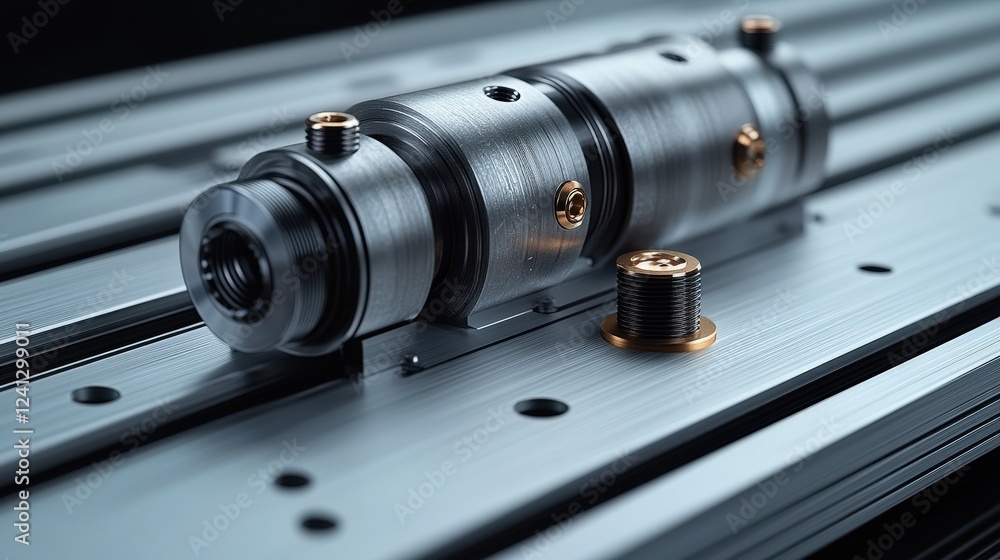 Poster close-up of a precision-engineered mechanical component on a sleek metallic surface in a workshop