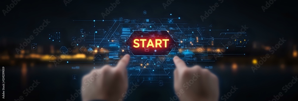 Poster hands pointing at glowing red start button with digital network connections and city lights bokeh ba