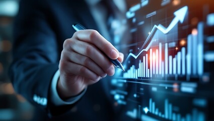 Businessman illustrates growth graph and analyzes financial data for strategic business planning and investment progress on a blue background