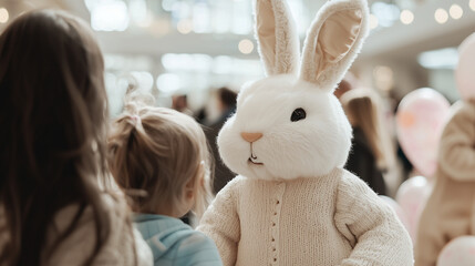 Easter Bunny with Children at Mall Surrounded by Decorations