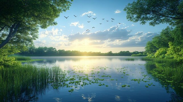 World Wetlands Day Scene – A serene wetland with lush greenery, exotic birds, and calm waters reflecting the sky, highlighting the beauty and importance of wetlands conservation