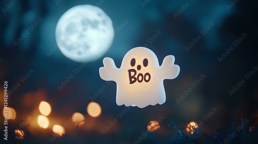 Poster playful ghost character with boo text floating against full moon and bokeh lights background, spooky