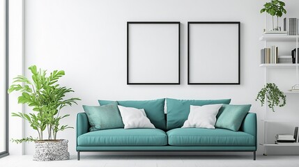 A modern living room with two empty black poster frames on the wall above an emerald blue sofa, white walls, a shelf with books and plants, a cozy interior design, highly detailed, high resolution.