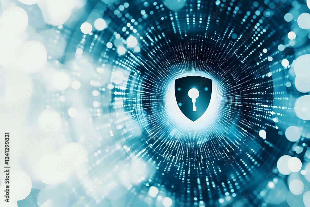 Poster glowing shield with keyhole icon surrounded by digital data streams and light effects in blue tones,