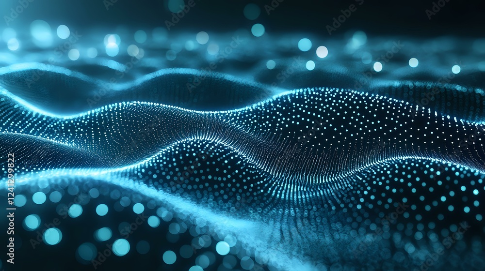 Aufkleber glowing blue particle wave formation with bokeh effect on dark background creates futuristic technol