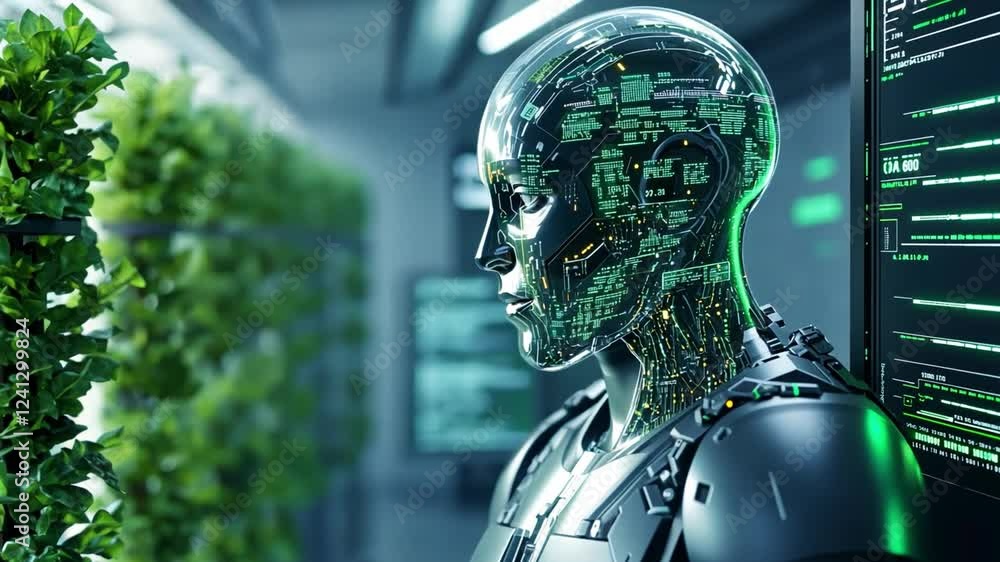 Aufkleber sophisticated ai robot in a futuristic environment with greenery and digital displays