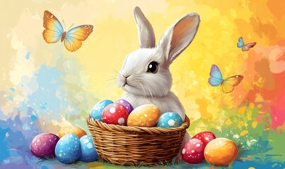 Cute easter bunny presenting colorful decorated eggs in a wicker basket with butterflies fluttering around on a vibrant spring background