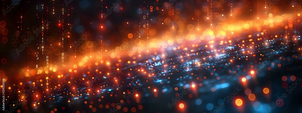 Poster abstract digital particles flowing in space with glowing orange and blue light streaks creating dyna