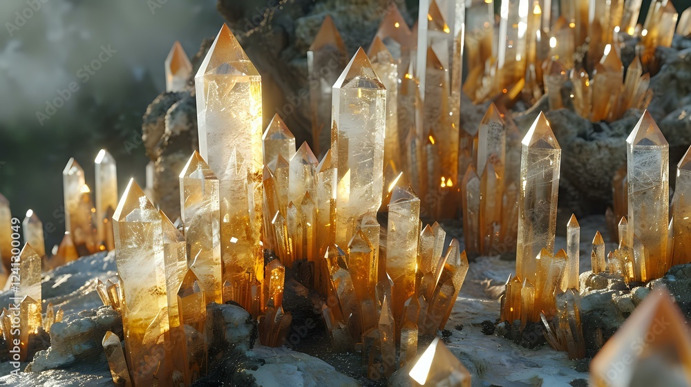 Poster natural citrine crystal cluster formation with glowing golden yellow points and translucent mineral 