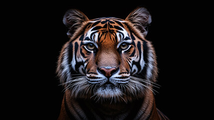 Fototapeta premium Closeup front view studio portrait photography of a beautiful striped bengal tiger animal, staring at the camera, pretty wild cat isolated on black background, head or face shot.