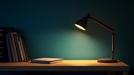 Illuminated desk with books and lamp at night.