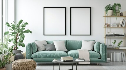 A modern living room with two empty black poster frames on the wall above an emerald blue sofa, white walls, a shelf with books and plants, a cozy interior design, highly detailed, high resolution.