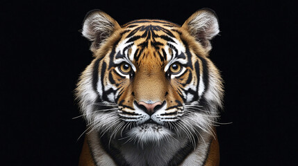 Fototapeta premium Closeup front view studio portrait photography of a beautiful striped bengal tiger animal, staring at the camera, pretty wild cat isolated on black background, head or face shot.