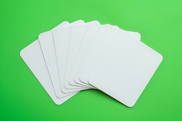 Blank white playing cards fanned out on bright green background, isolated mockup for custom game design and printing projects.