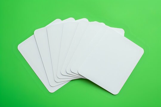 Blank white playing cards fanned out on bright green background, isolated mockup for custom game design and printing projects.