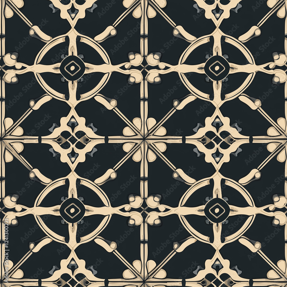 Poster intricate geometric pattern featuring circular motifs and floral elements in contrasting light and d