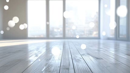 A serene and sunlit interior space featuring a wooden floor, enhanced by bokeh effects. The bright ambiance creates a calm and inviting atmosphere suitable for various design themes.