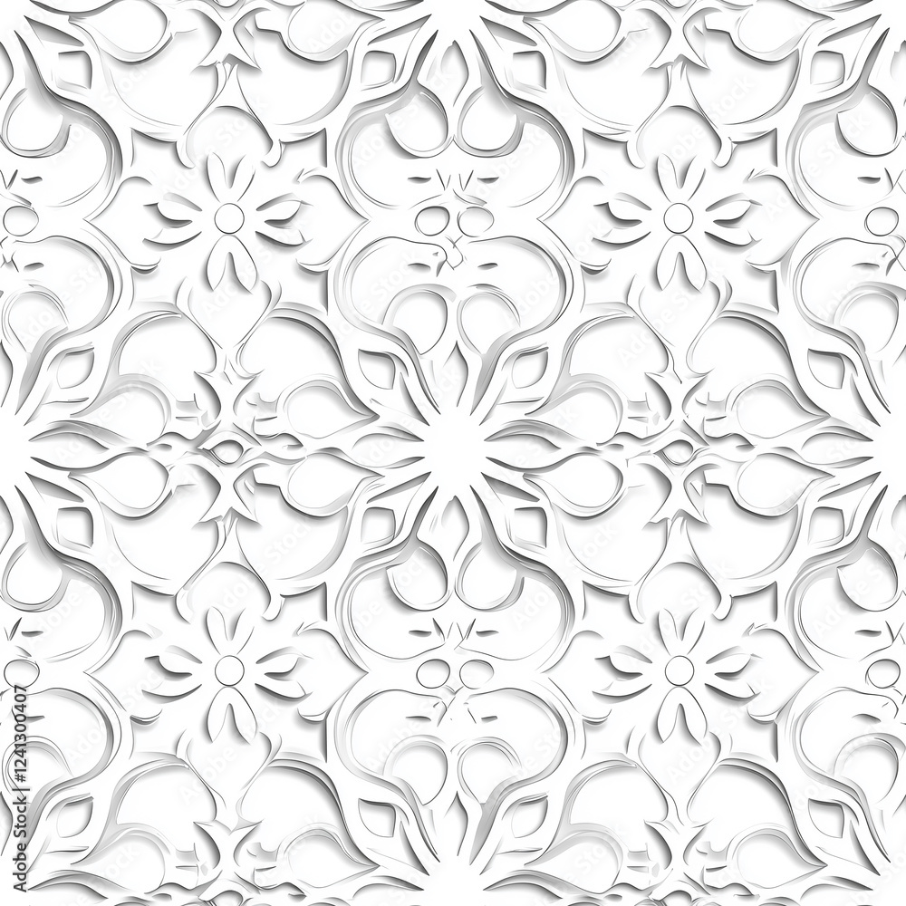 Poster intricate white floral pattern with embossed details, creating a textured and elegant design suitabl