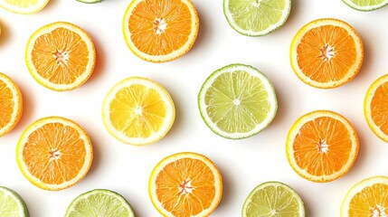 Obraz premium Vibrant Citrus Symphony: A High-Angle Flat Lay of Juicy Orange, Lemon, and Lime Slices on a Bright White Canvas