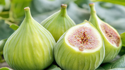 Closeup photography of unripe green figs on a fig tree outdoors. fresh and organic healthy food full of vitamins for body nourishment, exotic raw vegan diet, tropical delicious dessert.