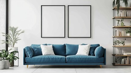 A modern living room with two empty black poster frames on the wall above an emerald blue sofa, white walls, a shelf with books and plants, a cozy interior design, highly detailed, high resolution.