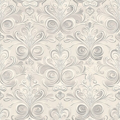 Elegant damask pattern in soft beige and silver tones, perfect for sophisticated interiors and textile designs.