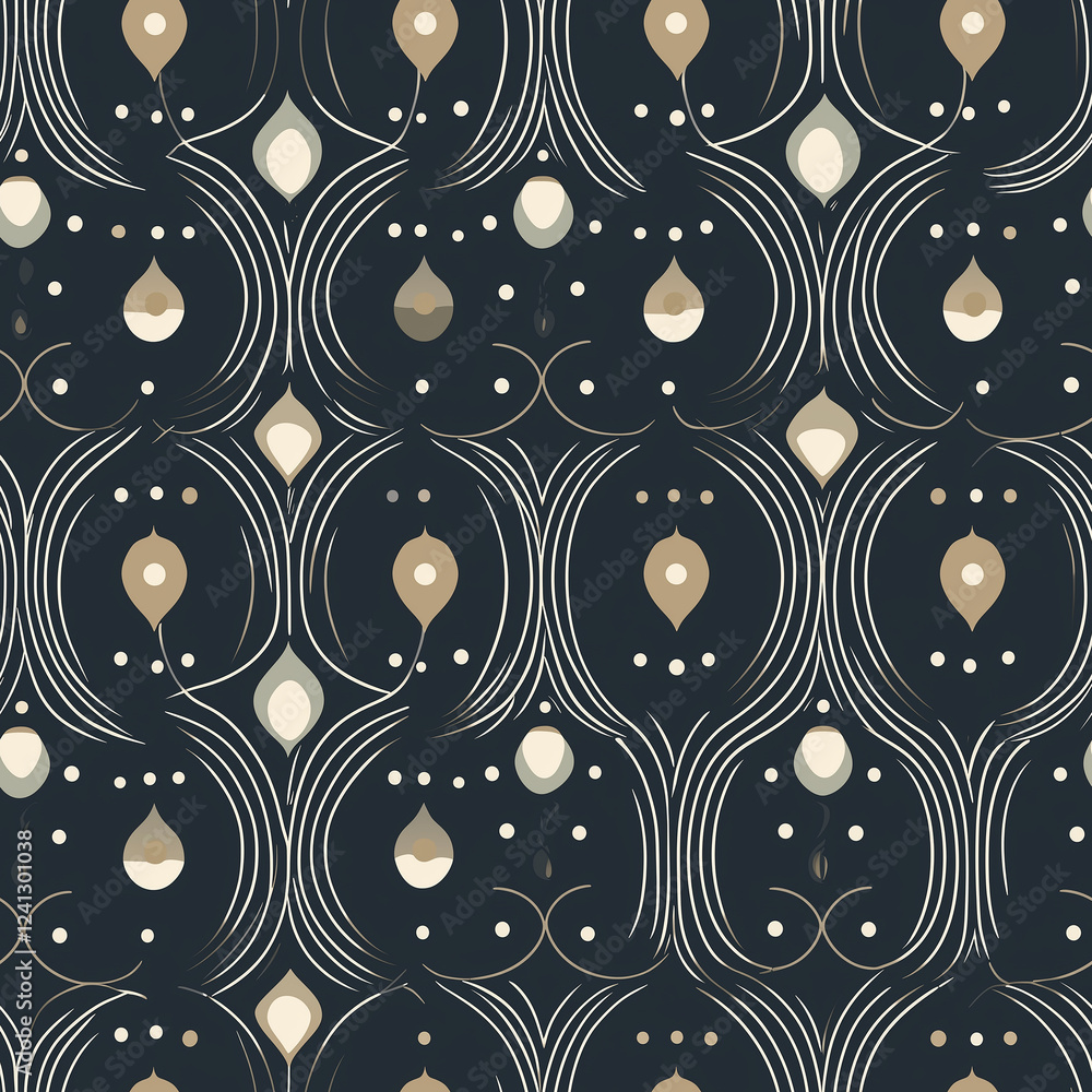 Poster patterned textile design featuring a dark background with intricate shapes and neutral tones, creati