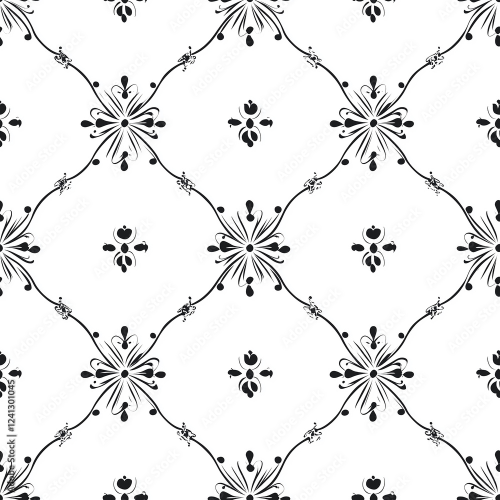 Poster black and white floral pattern with intricate design elements arranged in a symmetrical layout.