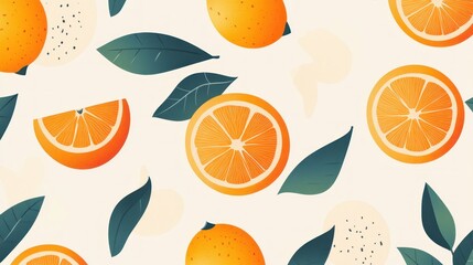 Juicy orange slices and leaves pattern, food background, healthy eating
