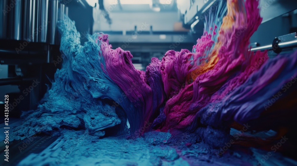 Poster vibrant flow of colorful paints in an artistic print production setup