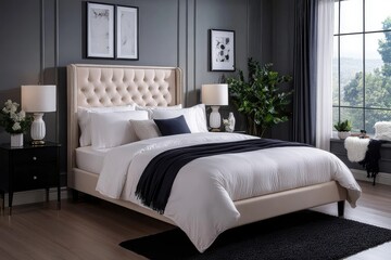 Modern Twin Bed Frame with Elegant Headboard and Beige Fabric Accent in a Cozy Bedroom Setting. Contemporary Luxury with White Linen Bedding and Black Rug Contrast.