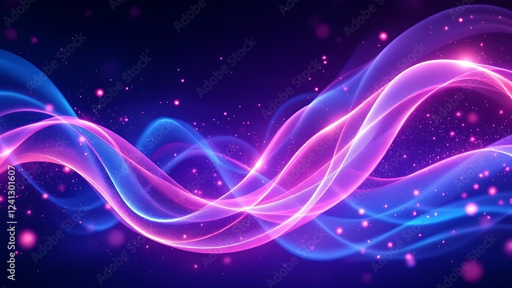 Poster digital abstract background featuring flowing waves of pink and blue light, intertwined with sparkle