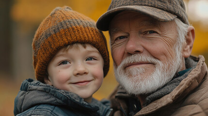 Obraz premium Old grandpa and his cute little grandson, male child, grandchild with grandparent, both of them are smiling, kid looking at the camera, happy family, bonding together outdoors, grandfather.