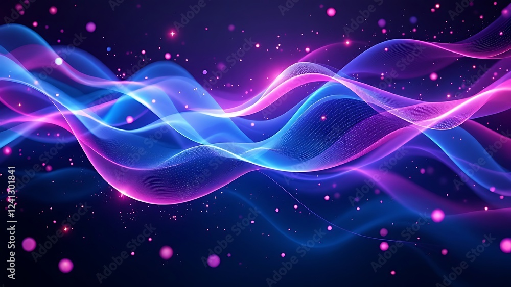 Poster digital abstract background featuring flowing waves of pink and blue light, intertwined with sparkle