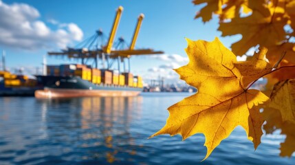 Obraz premium Bright yellow maple leaf, blurred cargo ship at port in background, autumn season at harbor.