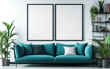 A modern living room with two large black frames on the wall above an emerald blue sofa. The frames are blank for mockups. Plants and books are arranged around them, with shelves in the background.