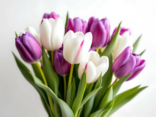 Naklejka premium Beautiful bouquet of tulips purple, lilac and white flowers on light background with space for text. Symbol of spring and love: Tulips.