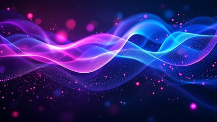 Obraz premium Digital abstract background featuring flowing waves of pink and blue light, intertwined with sparkles and a deep purple backdrop, creating a sense of movement and energy.
