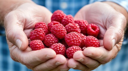 Cupped hands gently hold a pile of fresh, ripe raspberries.