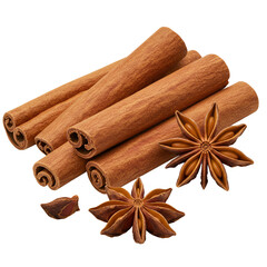 Aromatic brown cinnamon sticks and star anise, dried culinary spice.