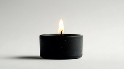 Single black tea light candle flame on white background