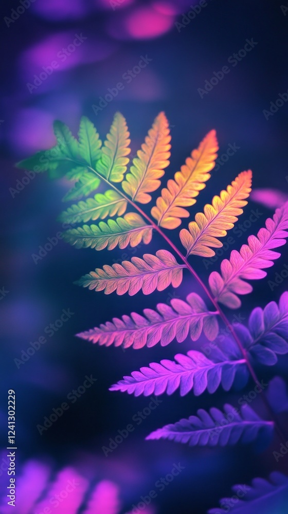 Poster Emerging colors dance upon the delicate fern leaves, creating an enchanting display against the dark backdrop of twilight. Nature's artistry is alive with vibrant hues